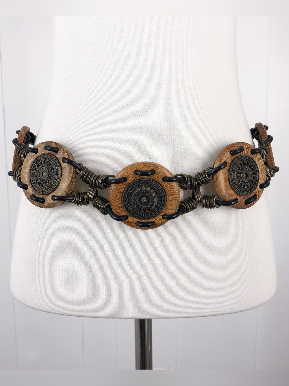 Concho Belt Boho Festival Wood Chain Mixed Media Womens Size Small Tan Brown